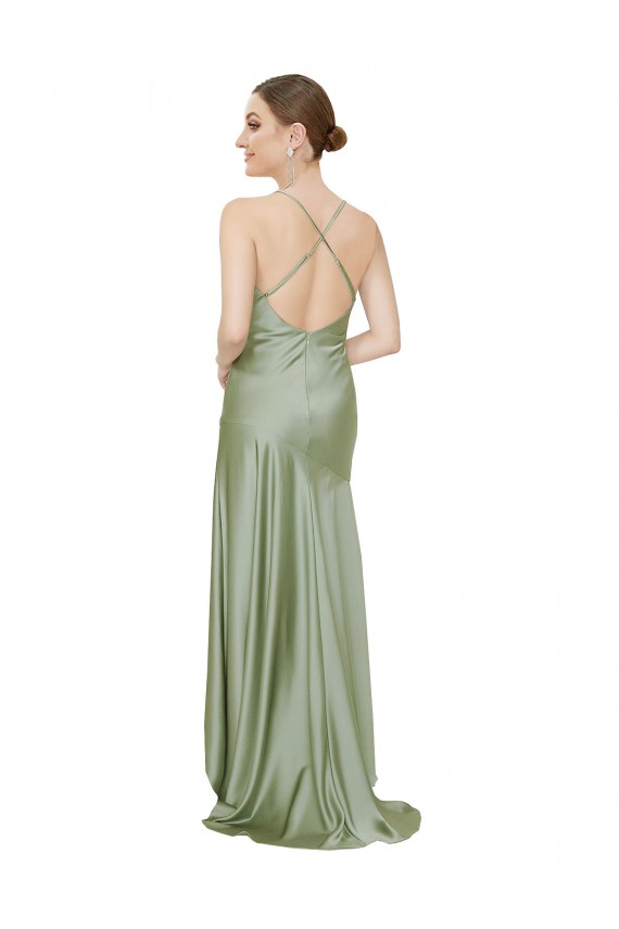 Smoke Green Cowl Neck Sleeveless Criss Cross Open Back Long Prom Dress Canada Supplier