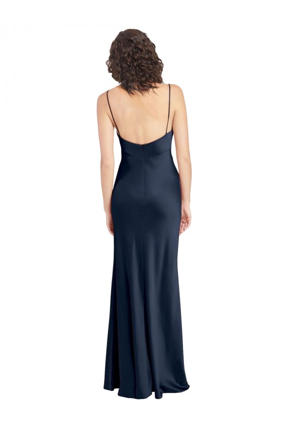 Dark Navy Cowl Neck Sleeveless Open Back Long Evening Prom Gowns Canada Supplier
