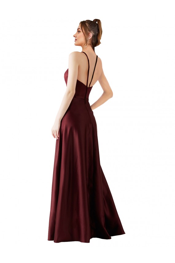 Burgundy Gold Halter Neck Sleeveless Long Prom Dress Canada Supplier