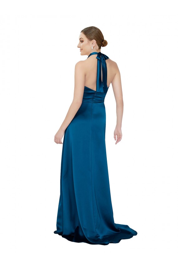 Peacock Blue Halter Neck Sleeveless Open Back Long Prom Dress Canada Supplier