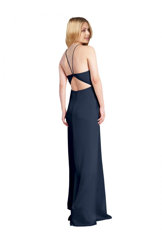 Dark Navy Halter Neck Sleeveless Criss Cross Open Back Stretch Satin Long Prom Dress Canada Supplier
