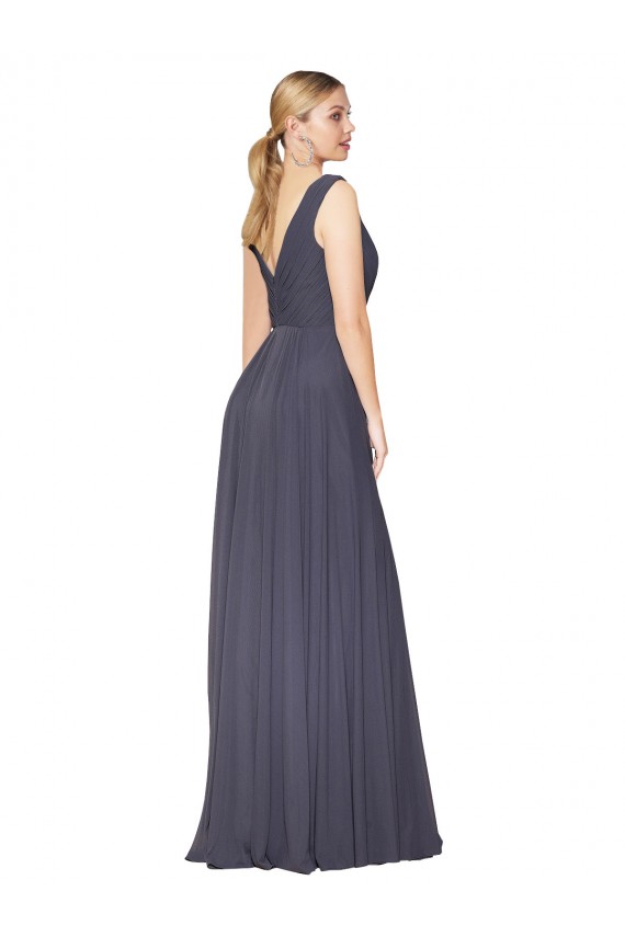 Dusty Blue High Neck Sleeveless V-Back Long Wedding Guest Dress Canada Supplier