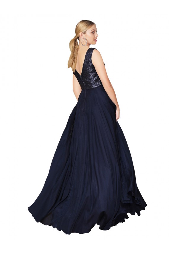 Dark Navy High Neck Sleeveless V-Back Long Prom Dress Canada Supplier