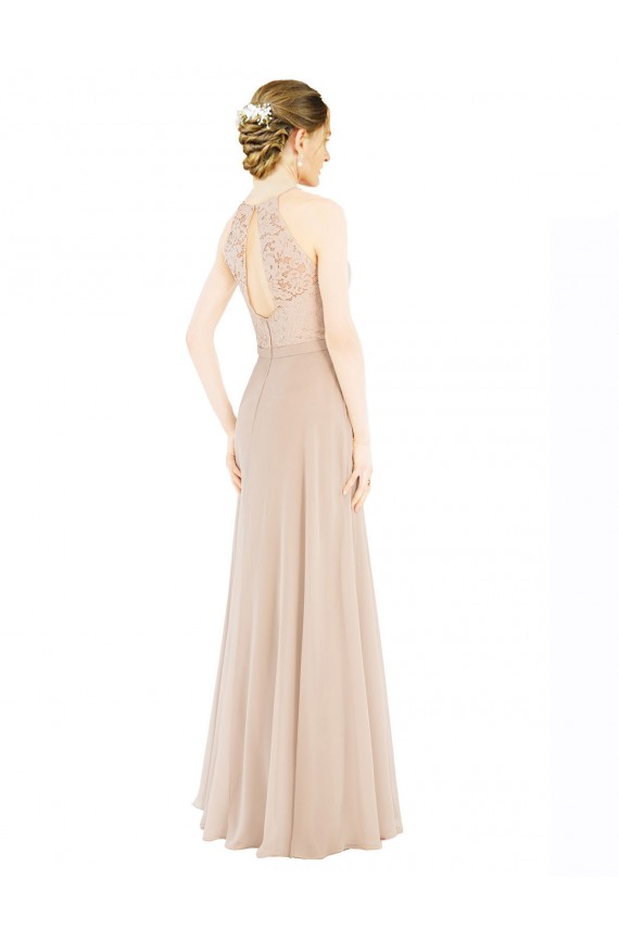 Champagne High Neck Sleeveless Keyhole Back Long Prom Dress Canada Supplier