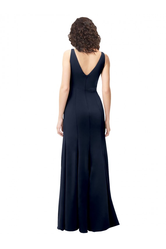 Dark Navy High Neck Sleeveless V-Back Stretch Crepe Long Prom Dress Canada Supplier
