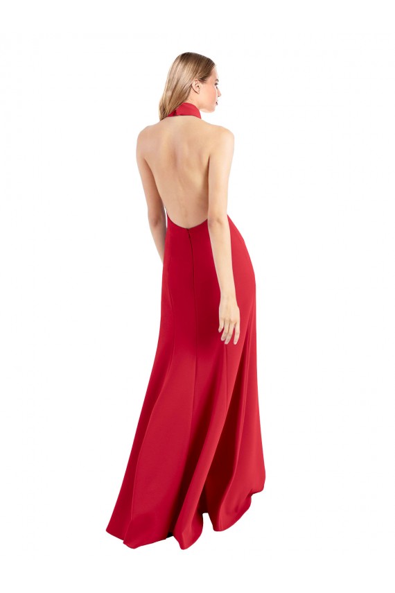 Red High Neck Sleeveless Open Back Stretch Crepe Long Prom Dress Canada Supplier