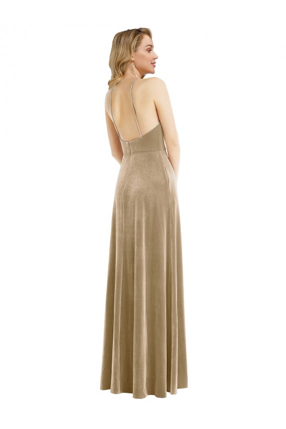 Champagne High Neck Sleeveless Open Back Long Prom Dress Canada Supplier