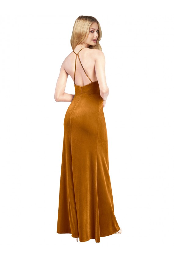 Gold High Neck Sleeveless Criss Cross Open Back Long Prom Dress Canada Supplier