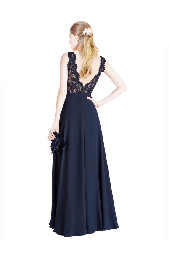Dark Navy Illusion Neck Sleeveless V-Back Long Prom Dress Canada Supplier