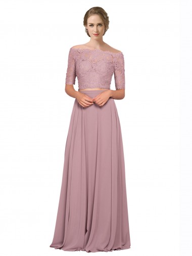 Off the Shoulder Short Sleeves Soft Chiffon & Lace Long Prom Dress Canada Supplier
