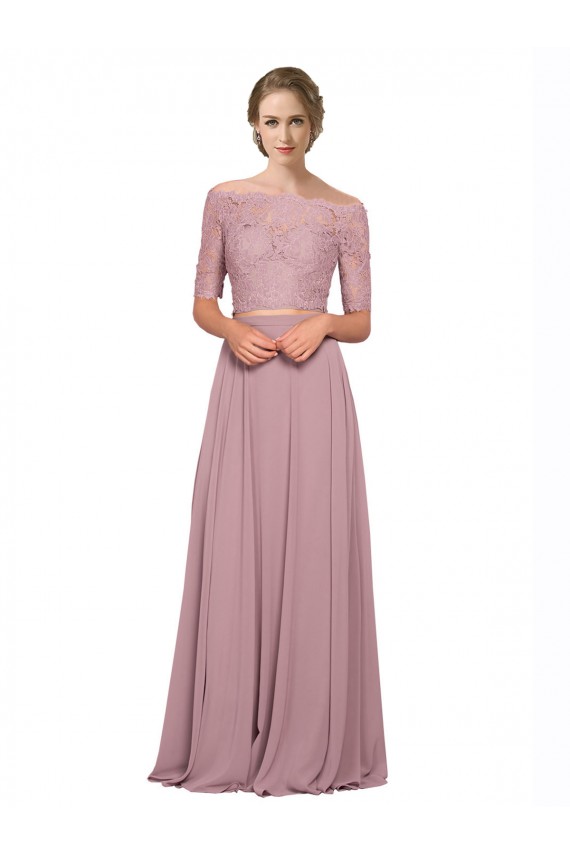 Off the Shoulder Short Sleeves Soft Chiffon & Lace Long Prom Dress Canada Supplier
