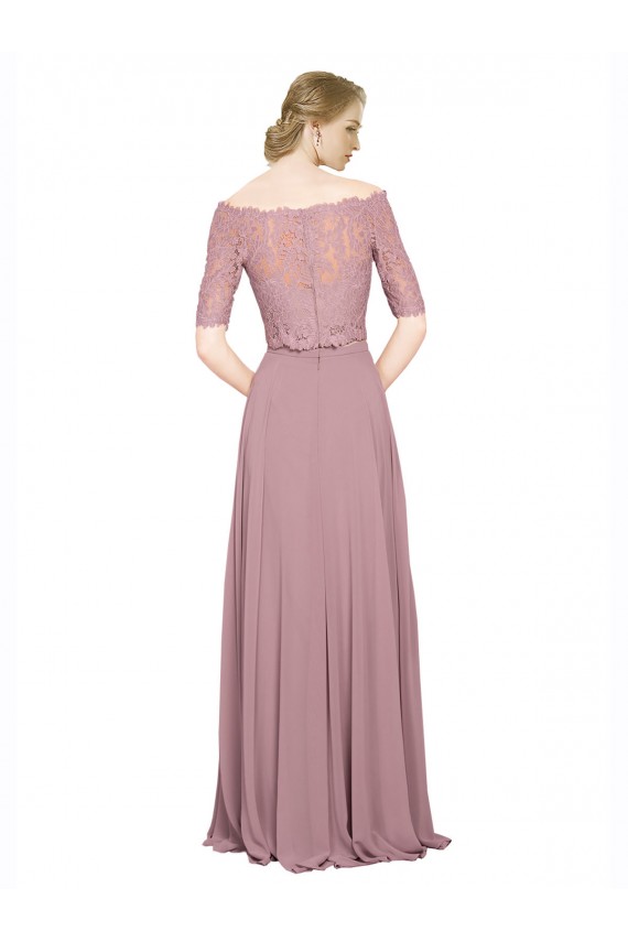 Off the Shoulder Short Sleeves Soft Chiffon & Lace Long Prom Dress Canada Supplier