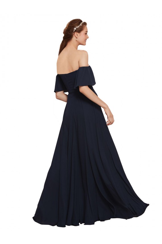 Dark Navy Off the Shoulder Sleeveless Luxe Chiffon Long Prom Dress Canada Supplier