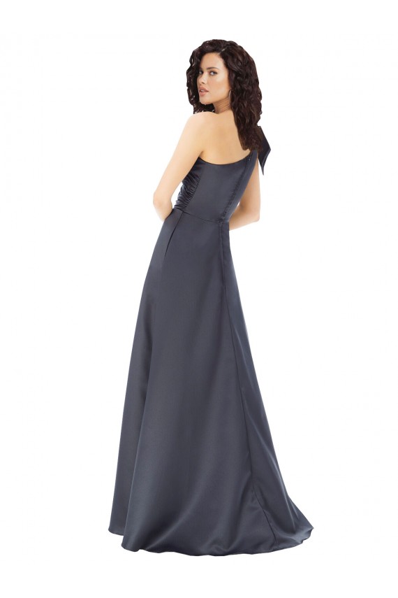 Slate Grey One Shoulder Sleeveless Satin Long Prom Dress Canada Supplier