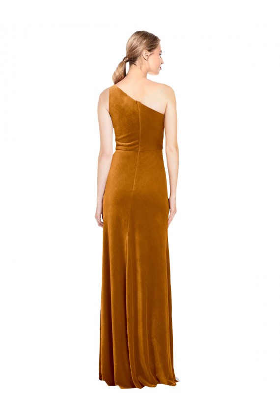 Gold One Shoulder Sleeveless Stretch Velvet Long Prom Dress Canada Supplier