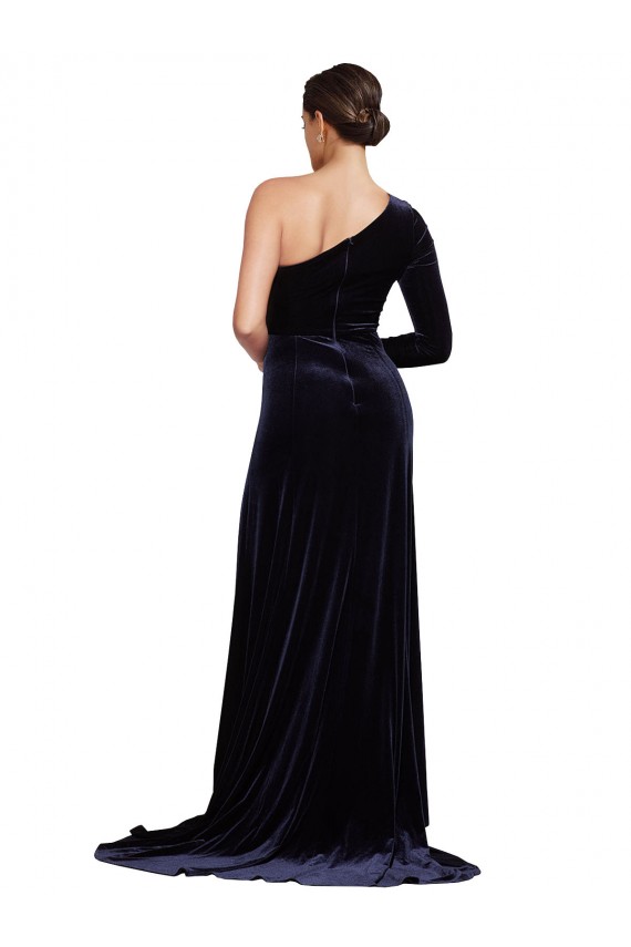 Dark Navy One Shoulder Long Sleeves Sweep Train Prom Dress Canada Supplier