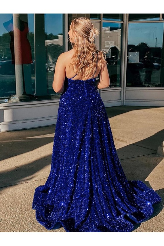 Royal Blue One Shoulder Sleeveless Velvet Sequin Sweep Train Prom Dress Canada Supplier