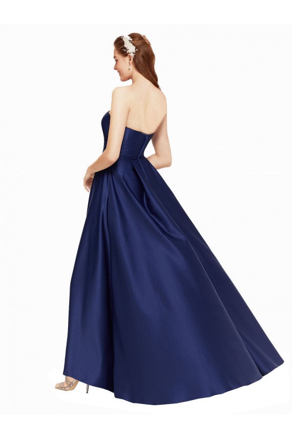 Dark Navy Strapless Sleeveless Low Back Satin Long Prom Dresses Canada Supplier