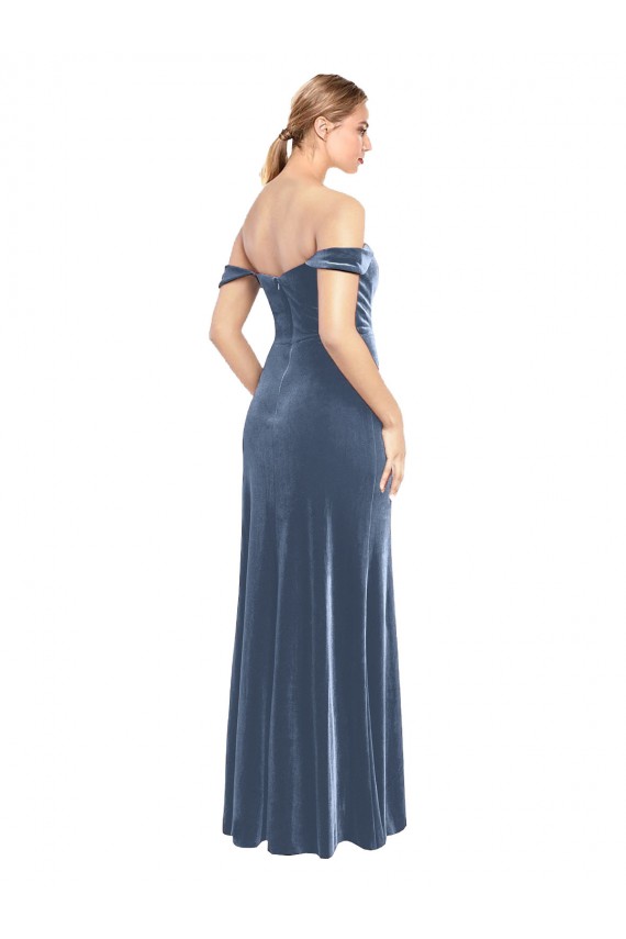Dusty Blue Strapless Sleeveless Stretch Velvet Long Prom Dress Canada Supplier