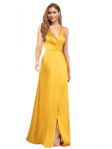V-Neck Sleeveless Open Back Silky Satin Long Prom Dress Canada Supplier