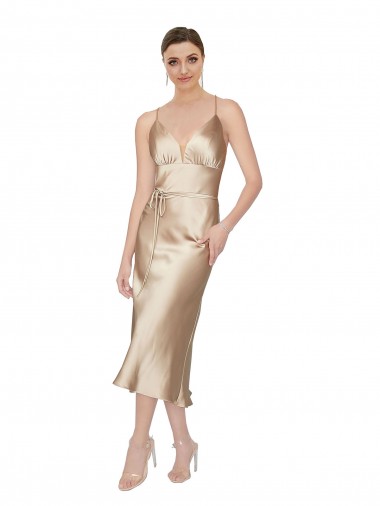 V-Neck Sleeveless Silky Satin Midi Length Prom Dress Canada Supplier