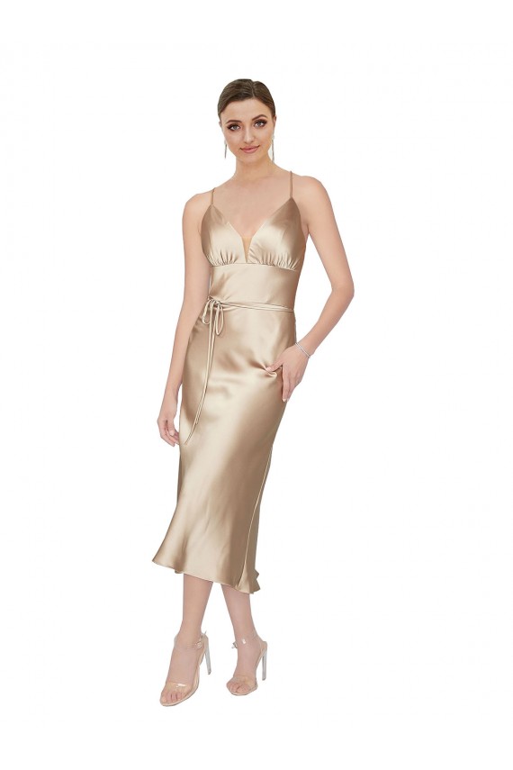 V-Neck Sleeveless Silky Satin Midi Length Prom Dress Canada Supplier