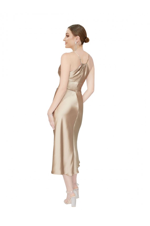 V-Neck Sleeveless Silky Satin Midi Length Prom Dress Canada Supplier