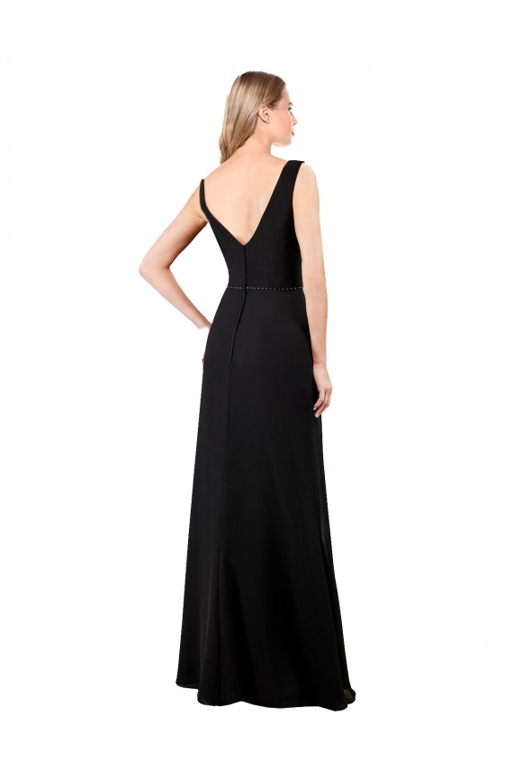 Black V-Neck Sleeveless V-Back Soft Chiffon Long Prom Dress Canada Supplier