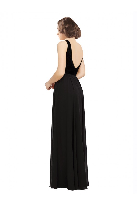 Black V-Neck Sleeveless Open Back Soft Chiffon & Velvet Long Prom Dress Canada Supplier