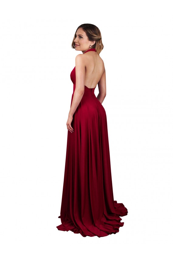 Burgundy V-Neck Sleeveless Open Back A-Line Long Sexy Prom Dress Canada Supplier