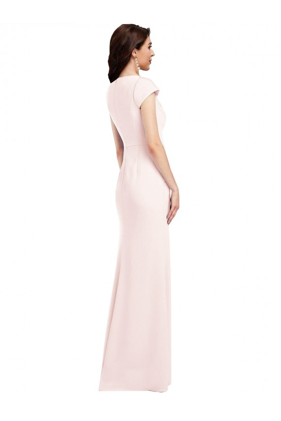 Pink V-Neck Cap Sleeves Stretch Crepe Long Prom Dress Canada Supplier