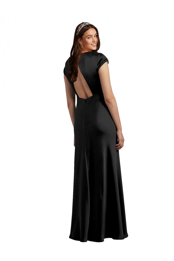 Black V-Neck Cap Sleeves Keyhole Back Long Prom Dress Canada Supplier
