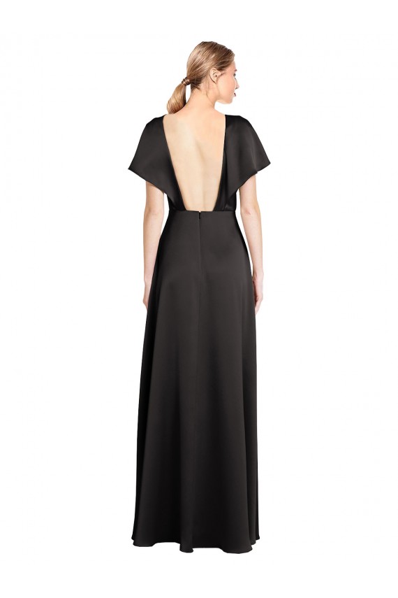Black V-Neck Cap Sleeves Open Back Long Prom Dress Canada Supplier