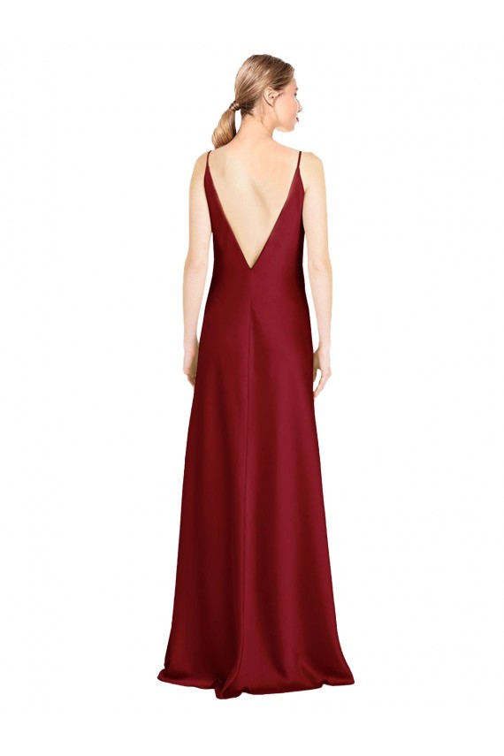 Burgundy V-Neck Sleeveless V-Back Stretch Satin Long Prom Dresses Canada Supplier