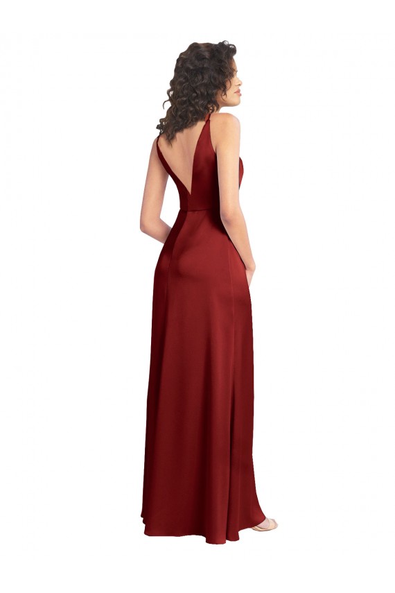 Burgundy V-Neck Sleeveless V-Back Stretch Satin Long Evening Prom Gowns Canada Supplier