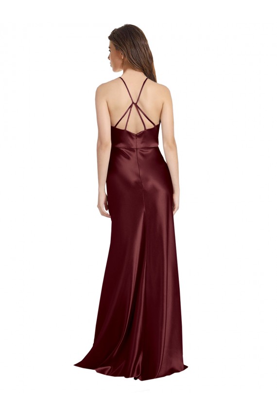 Burgundy Gold V-Neck Sleeveless Stretch Satin Long Prom Dress Canada Supplier