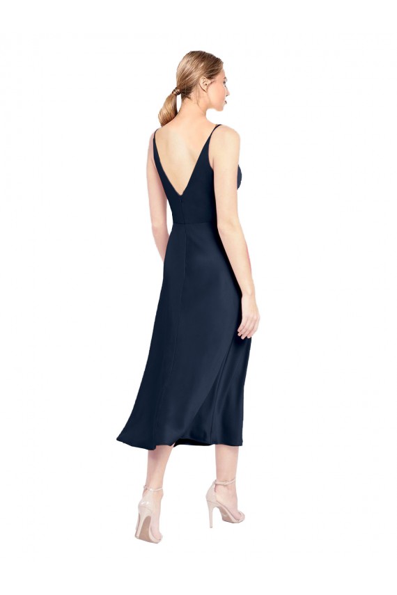 Dark Navy V-Neck Sleeveless V-Back Stretch Satin Midi Length Prom Dress Canada Supplier