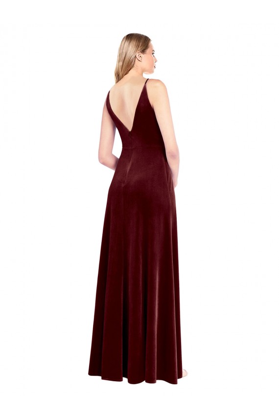 Burgundy V-Neck Sleeveless V-Back Stretch Velvet Long Prom Dress Canada Supplier