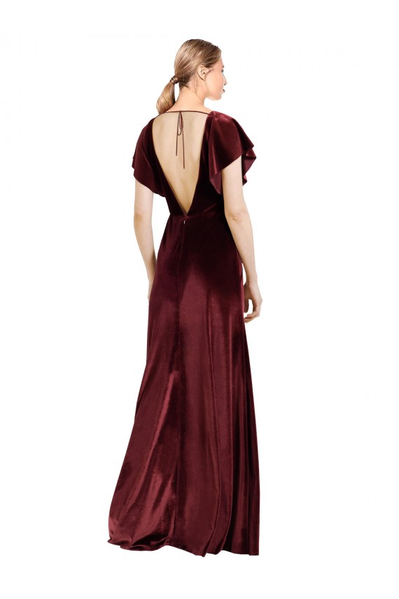 Burgundy V-Neck Flutter Sleeves Open Back Long Prom Dress Canada Supplier