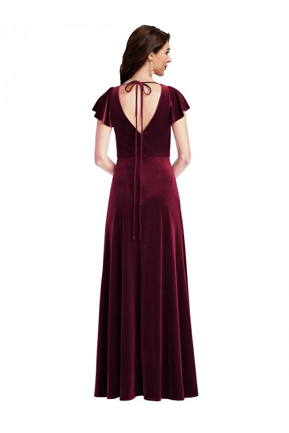 Burgundy V-Neck Flutter Sleeves Long Prom Dress Canada Supplier