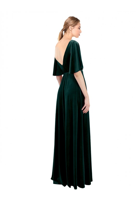Dark Green V-Neck Flutter Sleeves V-Back Long Prom Dress Canada Supplier
