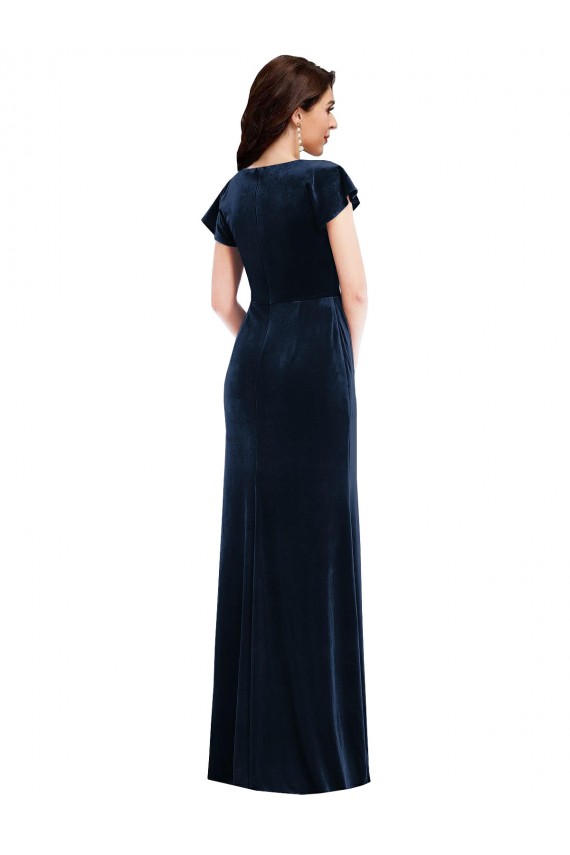 Dark Navy V-Neck Flutter Sleeves Long Prom Dress Canada Supplier