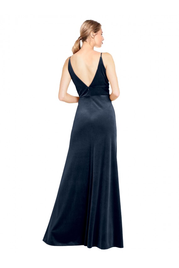 Dark Navy V-Neck Sleeveless V-Back Stretch Velvet Long Prom Dress Canada Supplier