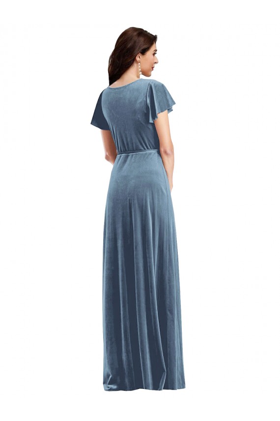Dusty Blue V-Neck Flutter Sleeves Long Prom Dress Canada Supplier
