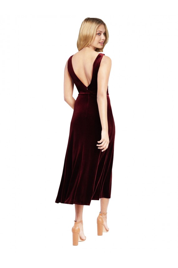 Burgundy V-Neck Sleeveless V-Back Midi Length Prom Dress Canada Supplier