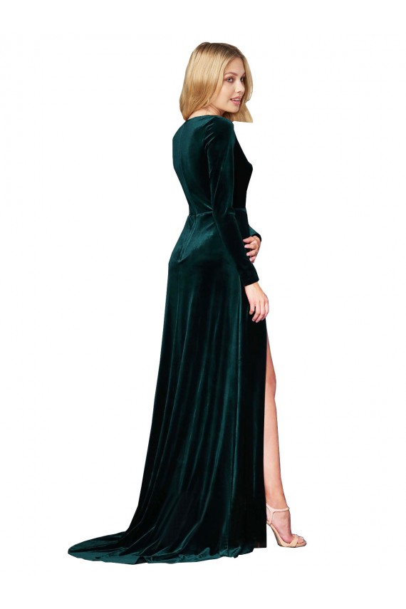 Dark Green V-Neck Long Sleeves Sweep Train Prom Dress Canada Supplier