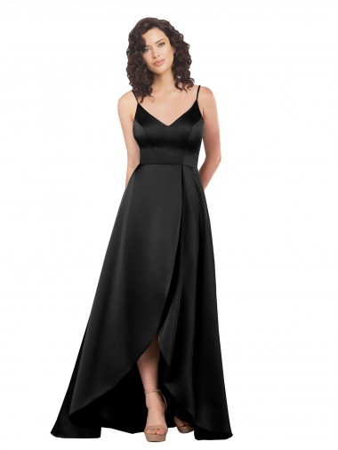 Black V-Neck Sleeveless Low Back Silky Satin Long Evening Prom Gowns Canada Supplier
