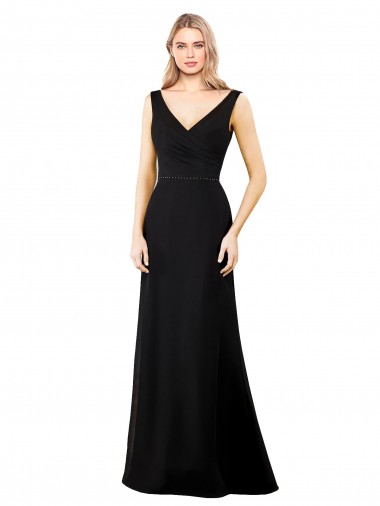 Black V-Neck Sleeveless V-Back Soft Chiffon Long Prom Dress Canada Supplier