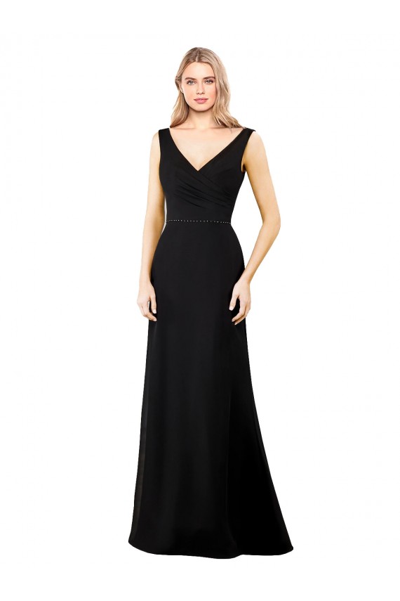 Black V-Neck Sleeveless V-Back Soft Chiffon Long Prom Dress Canada Supplier