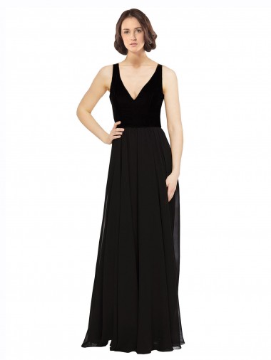 Black V-Neck Sleeveless Open Back Soft Chiffon & Velvet Long Prom Dress Canada Supplier